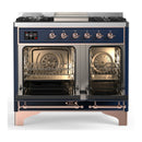 ILVE Majestic III 40-inch Dual Fuel Range with 6 Natural Gas Burner, Griddle and Solid Door Electric Oven in Midnight Blue with Copper Trim (UMD40FQNR3MBP)