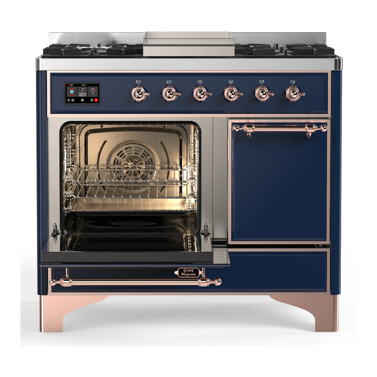 Midnight blue dual fuel range with open oven door, copper accents, and control panel