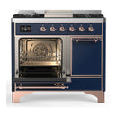 ILVE Majestic III 40-inch Dual Fuel Range with 6 Natural Gas Burner, Griddle and Solid Door Electric Oven in Midnight Blue with Copper Trim (UMD40FQNR3MBP)