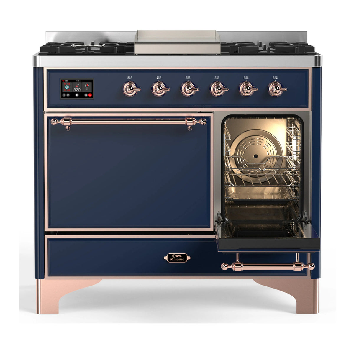 Midnight blue dual fuel range with open oven door showing racks and oven light