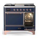 ILVE Majestic III 40-inch Dual Fuel Range with 6 Natural Gas Burner, Griddle and Solid Door Electric Oven in Midnight Blue with Copper Trim (UMD40FQNR3MBP)