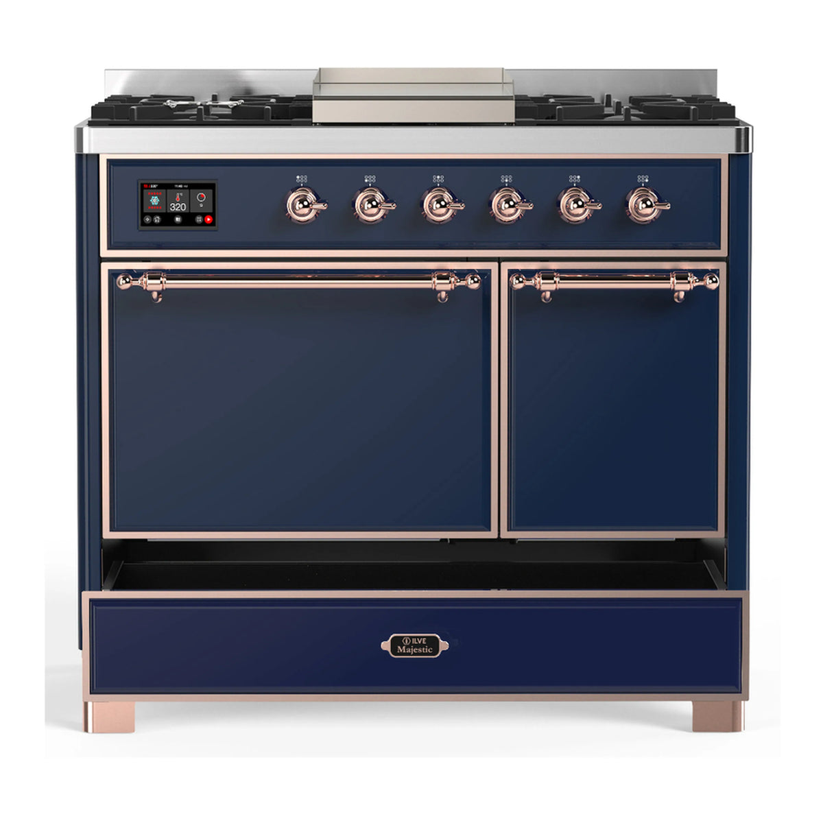 Midnight blue dual fuel range with closed oven doors and copper-trimmed handles