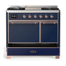 ILVE Majestic III 40-inch Dual Fuel Range with 6 Natural Gas Burner, Griddle and Solid Door Electric Oven in Midnight Blue with Copper Trim (UMD40FQNR3MBP)