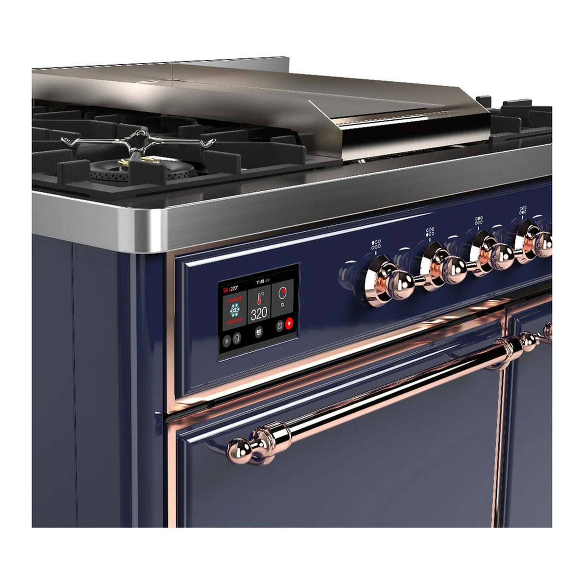 Midnight blue dual fuel range close-up of oven door, copper knobs, and digital display