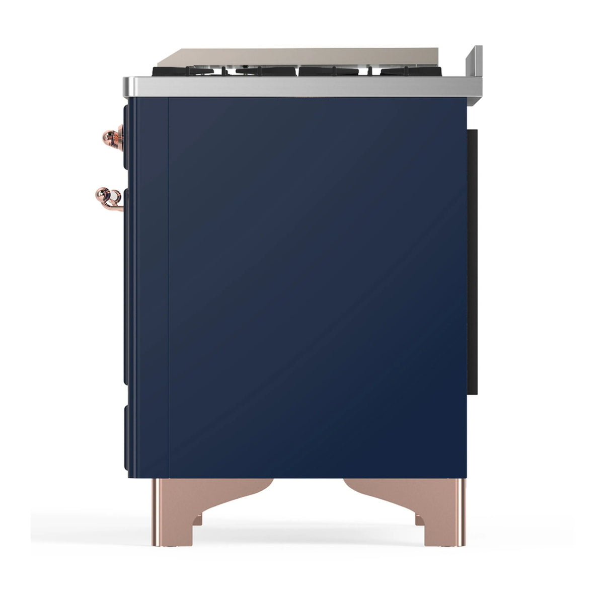 Midnight blue dual fuel range back view with side handles and copper trim