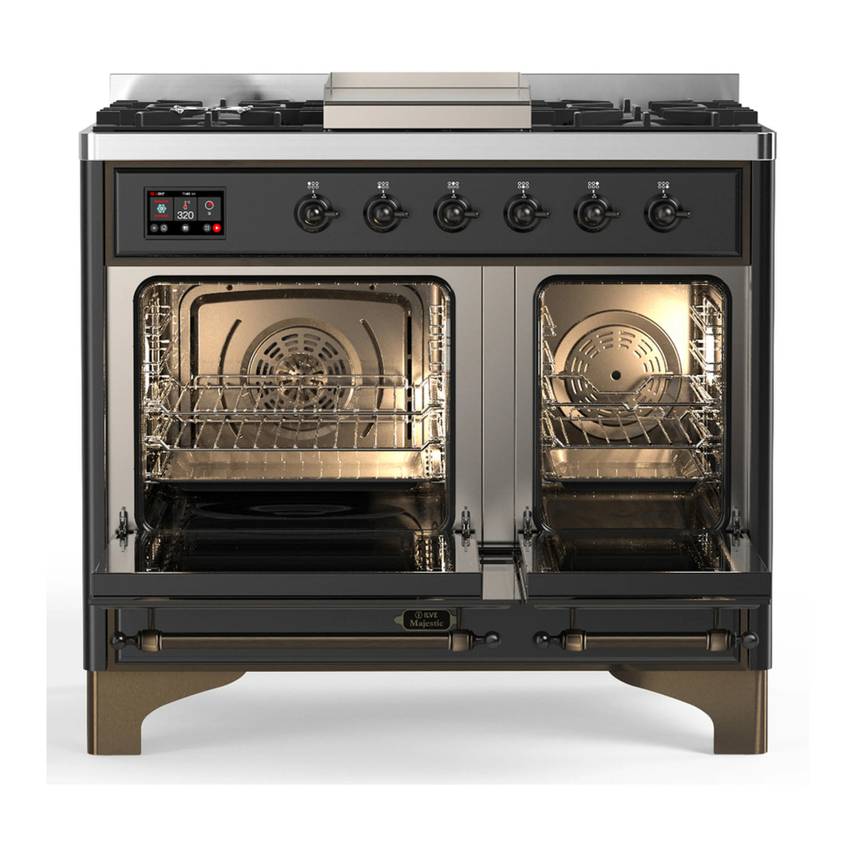 Matte graphite dual fuel range with both oven doors open, lit interior, racks and broiler