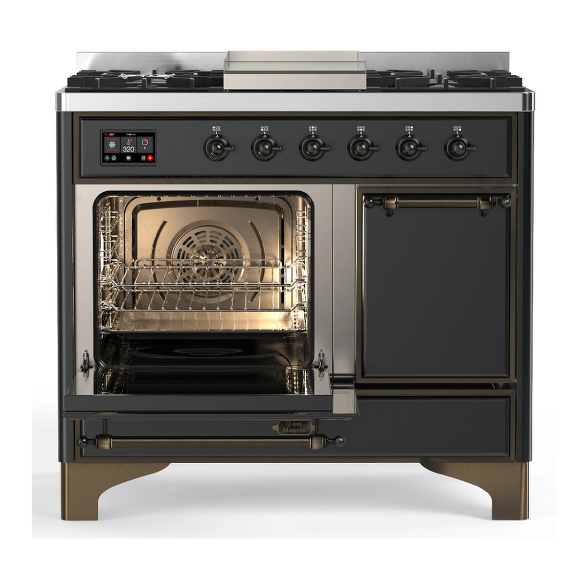 Dual fuel range with graphite matte finish, open ovens and 5-burner cooktop with griddle
