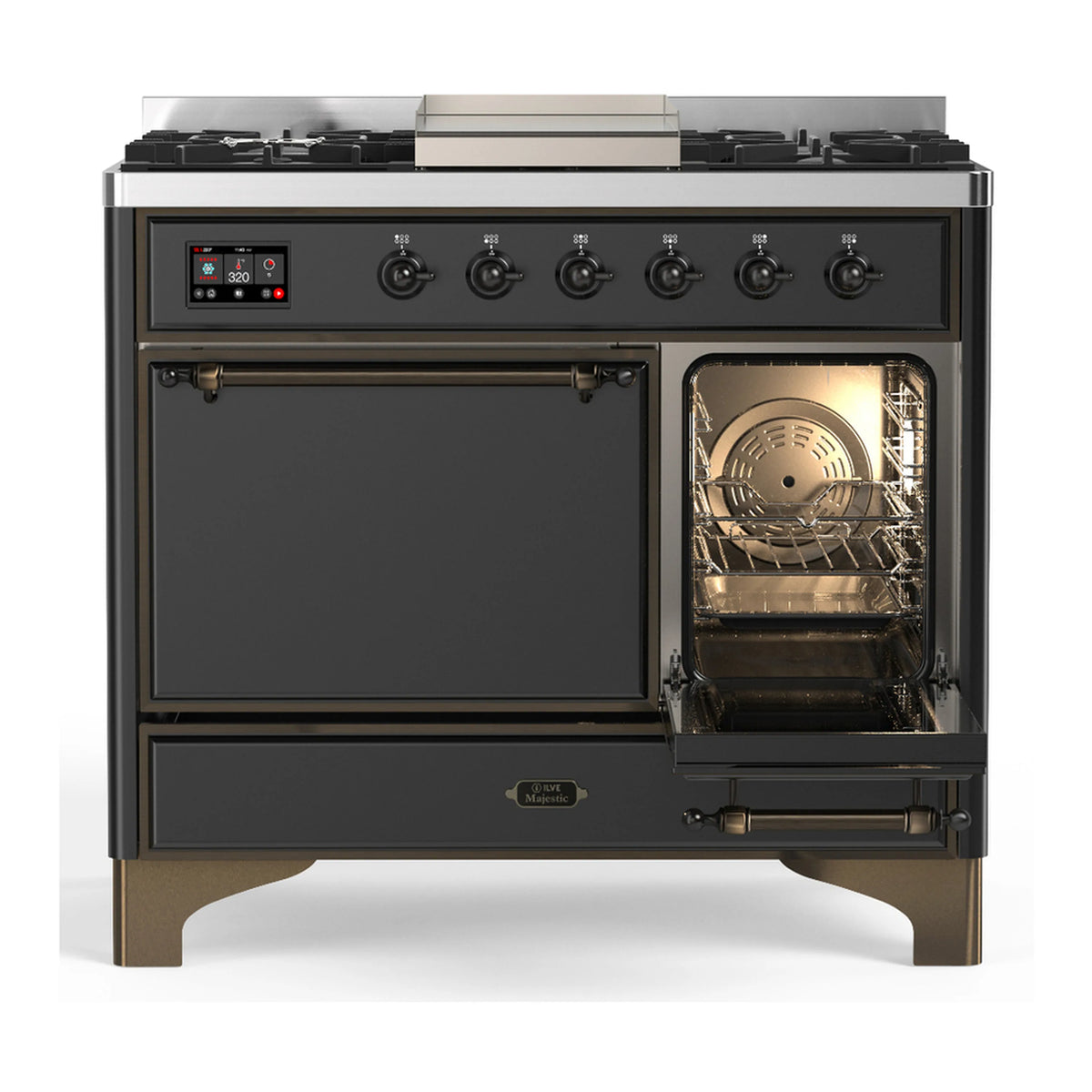 Dual fuel range with one oven open and double doors, graphite matte with burnished trim