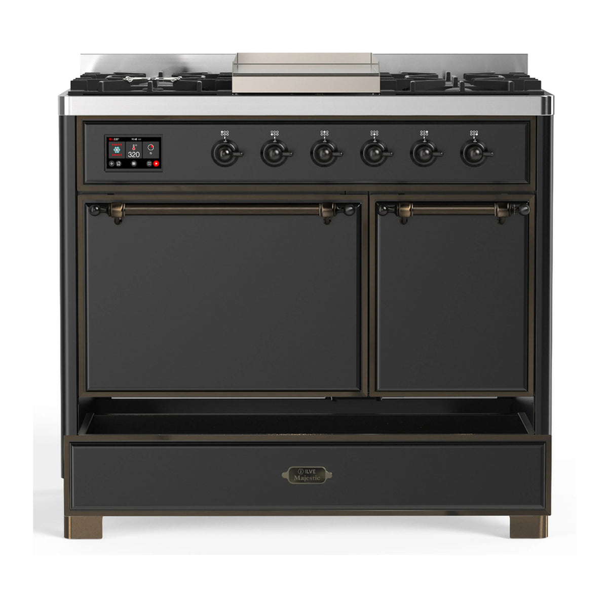 Dual fuel range front view with double oven doors and storage drawer, graphite matte