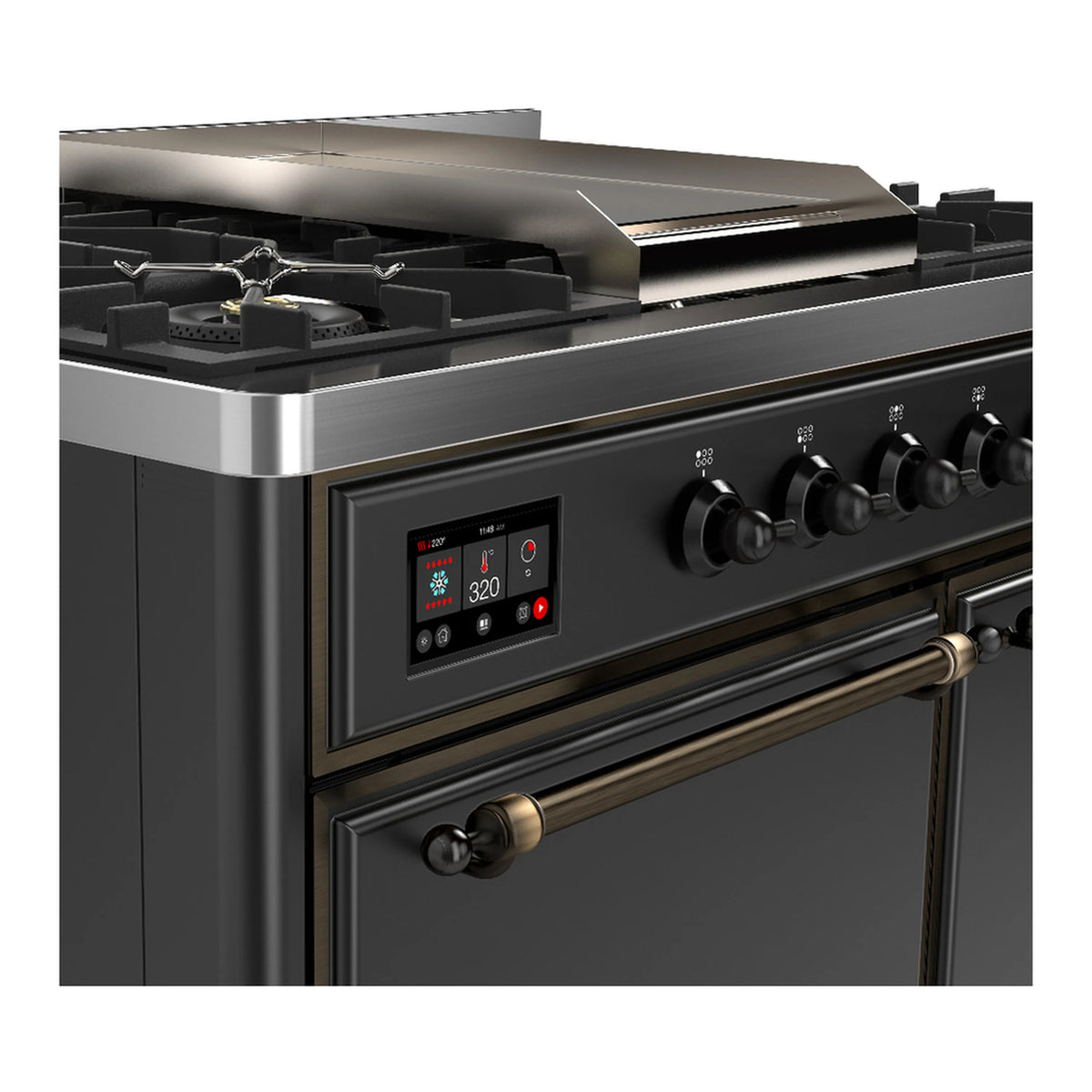 Dual fuel range control panel with illuminated display and burner knobs, graphite matte