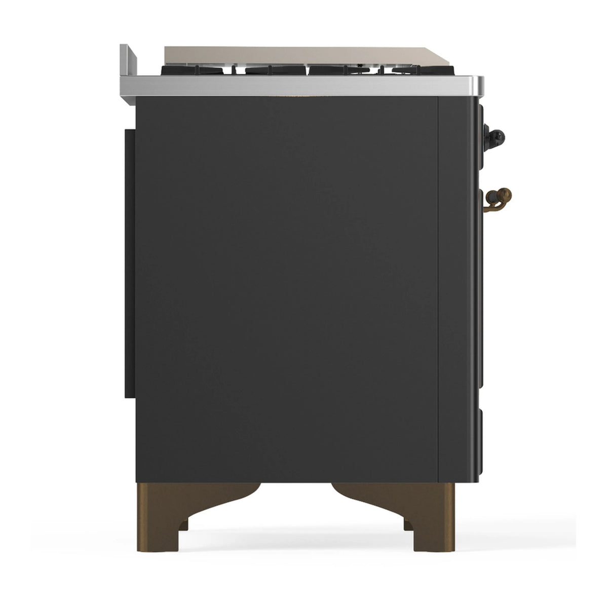 Dual fuel range side panel with solid door and burnished base feet, graphite matte
