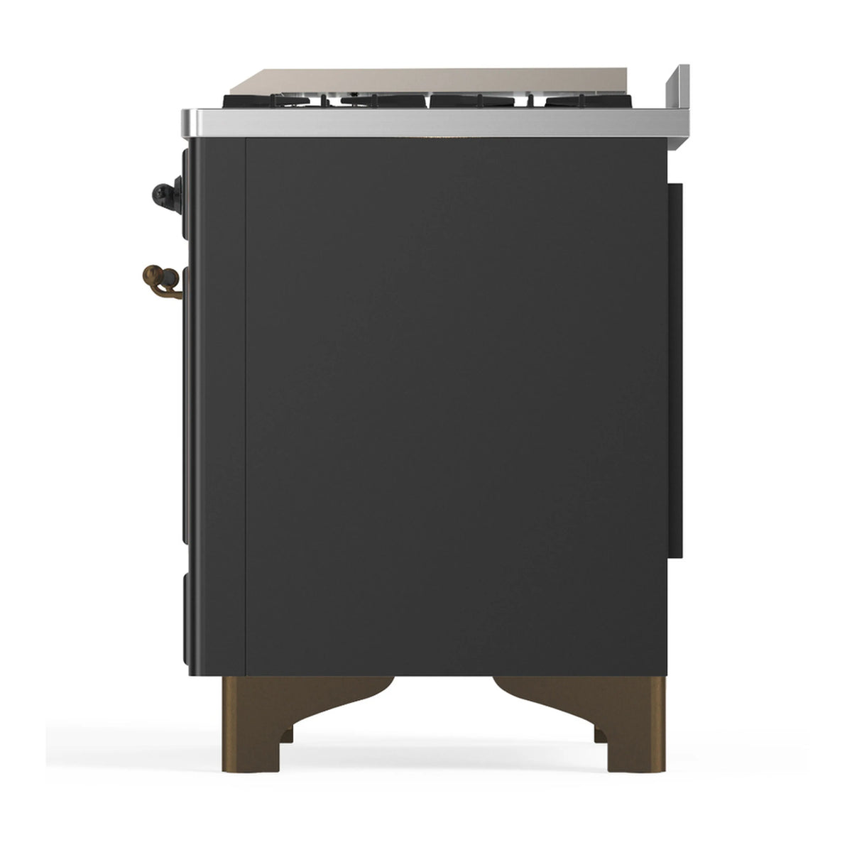 Matte graphite side panel of dual fuel range with gold feet and top cooktop edge