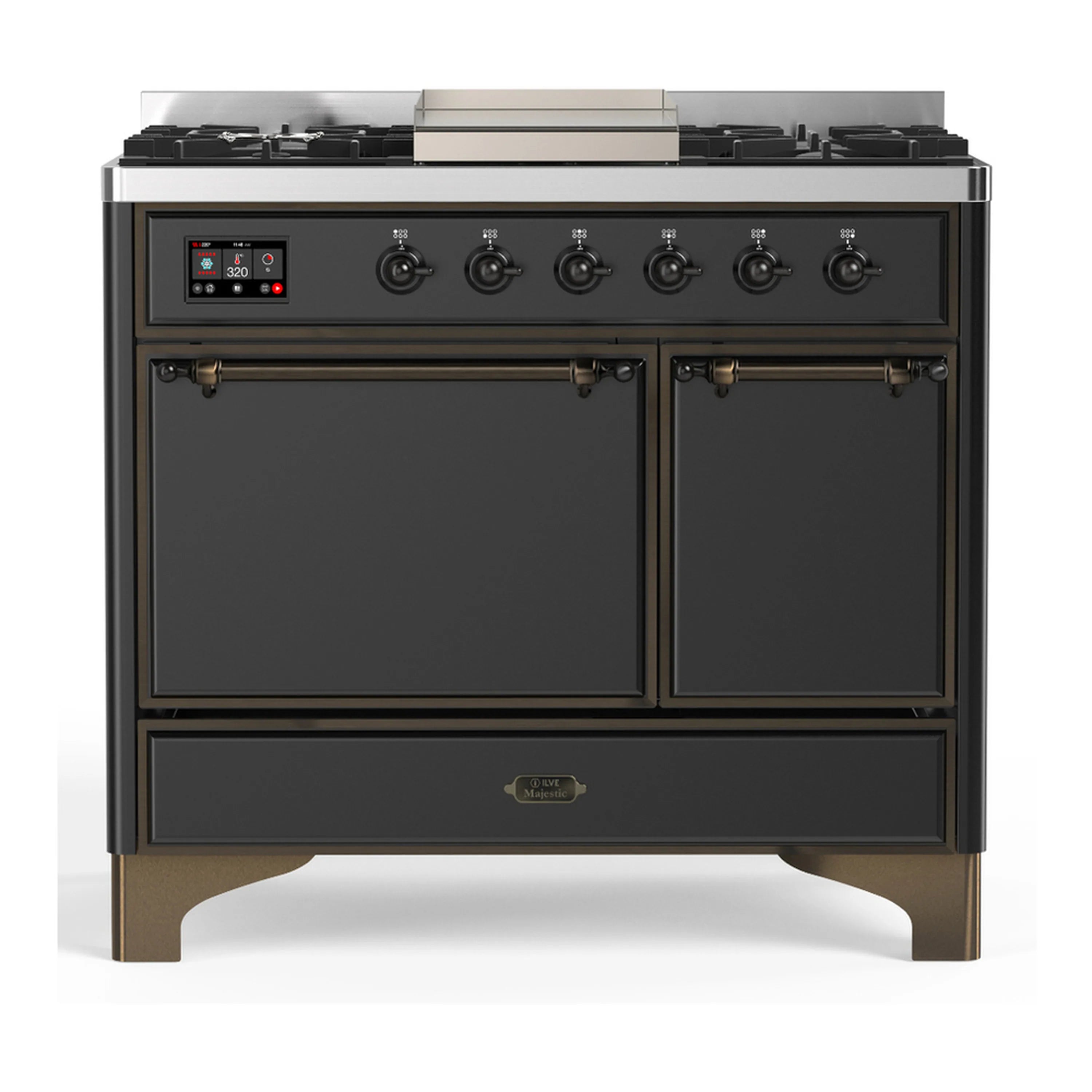 Dual fuel range with graphite matte double oven doors and control panel, closed