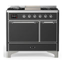 ILVE Majestic III 40-inch Dual Fuel Range with 6 Natural Gas Burner, Griddle and Solid Door Electric Oven in Graphite Matte with Chrome Trim (UMD40FQNR3MGC)
