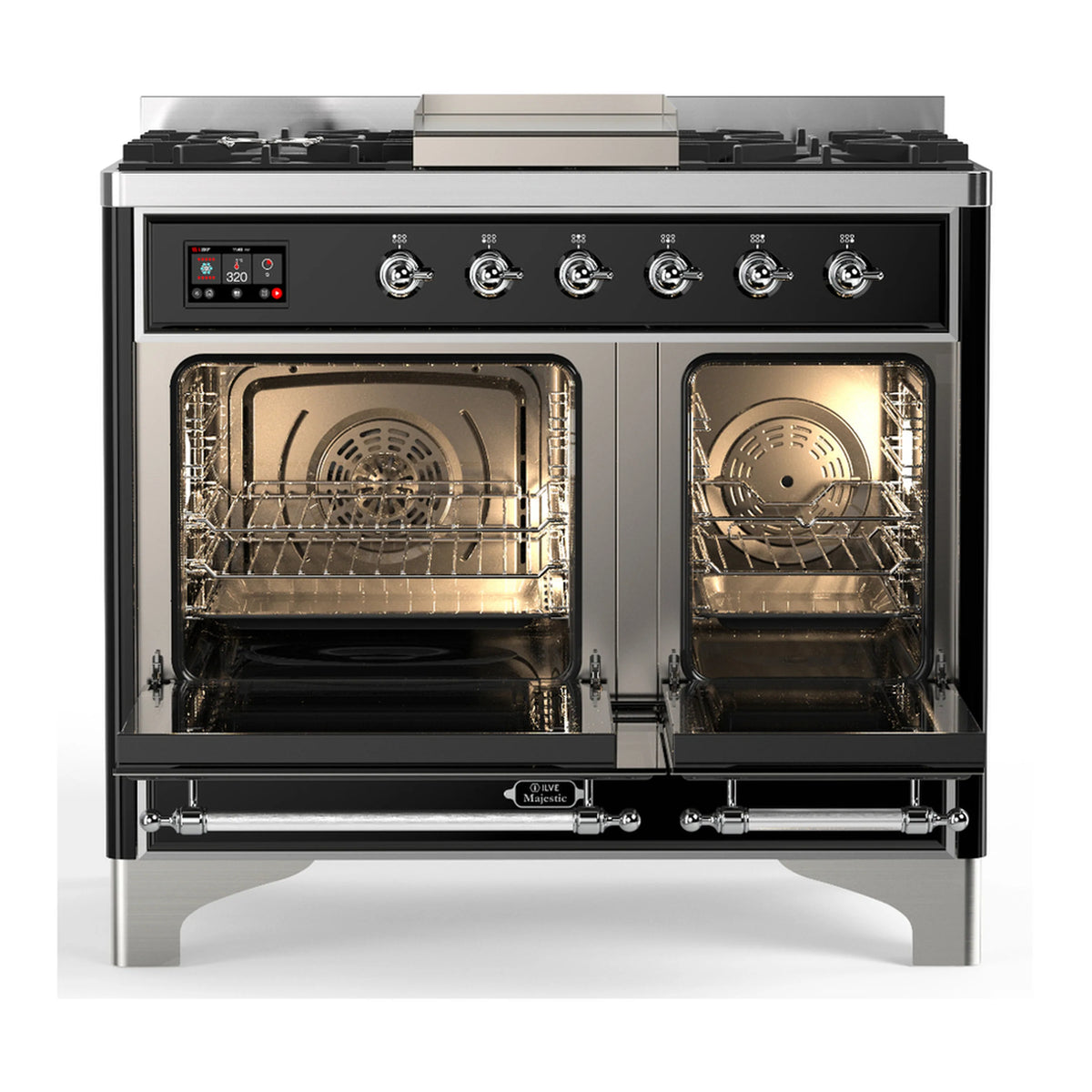 Graphite matte dual fuel range with open ovens, chrome trim, 6 gas burners and griddle
