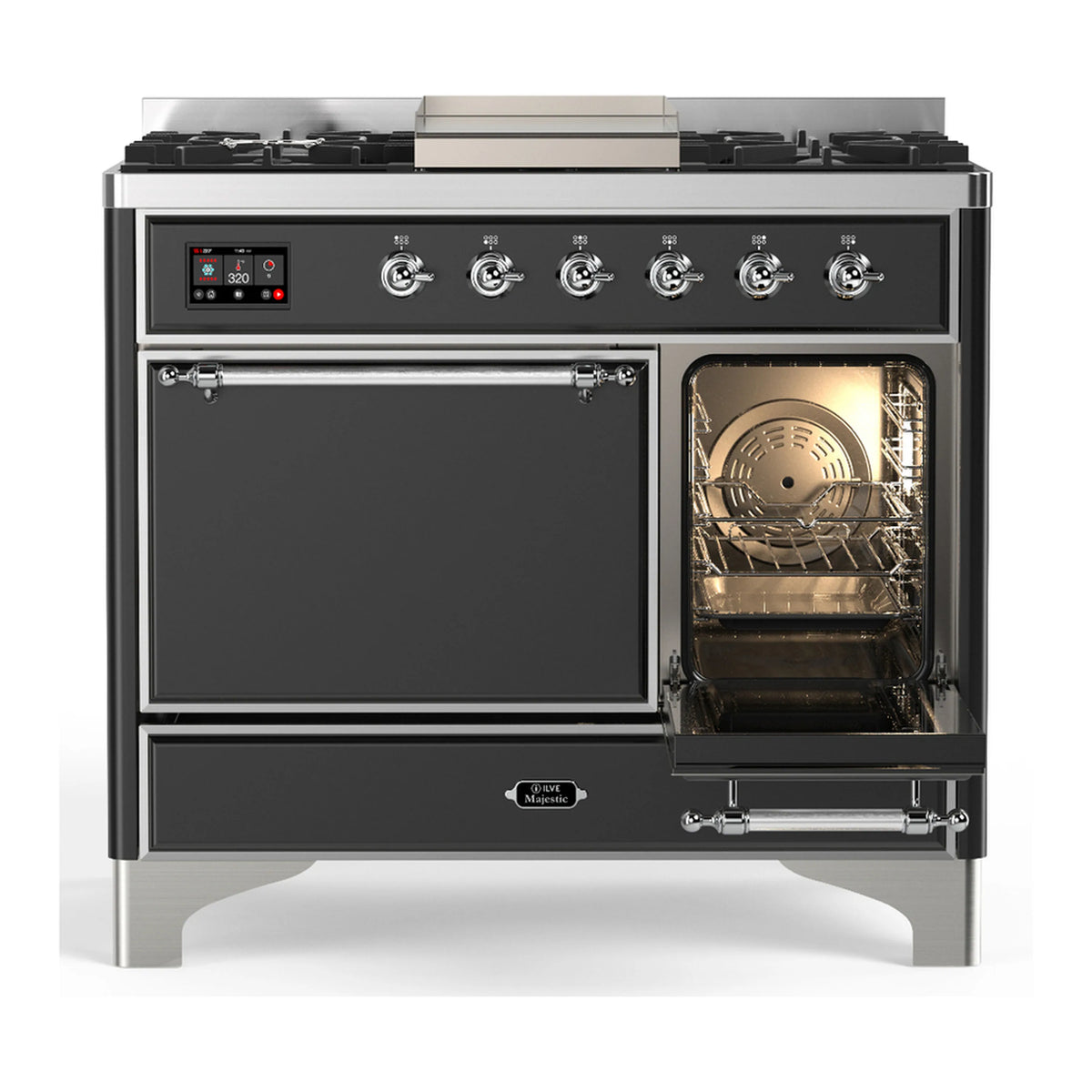 Graphite matte dual fuel range with right oven door open, chrome trim, 6 gas burners