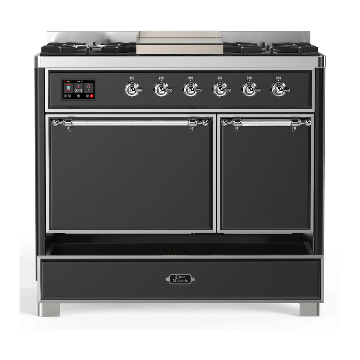 Graphite matte dual fuel range with chrome trim, closed solid oven doors and control panel