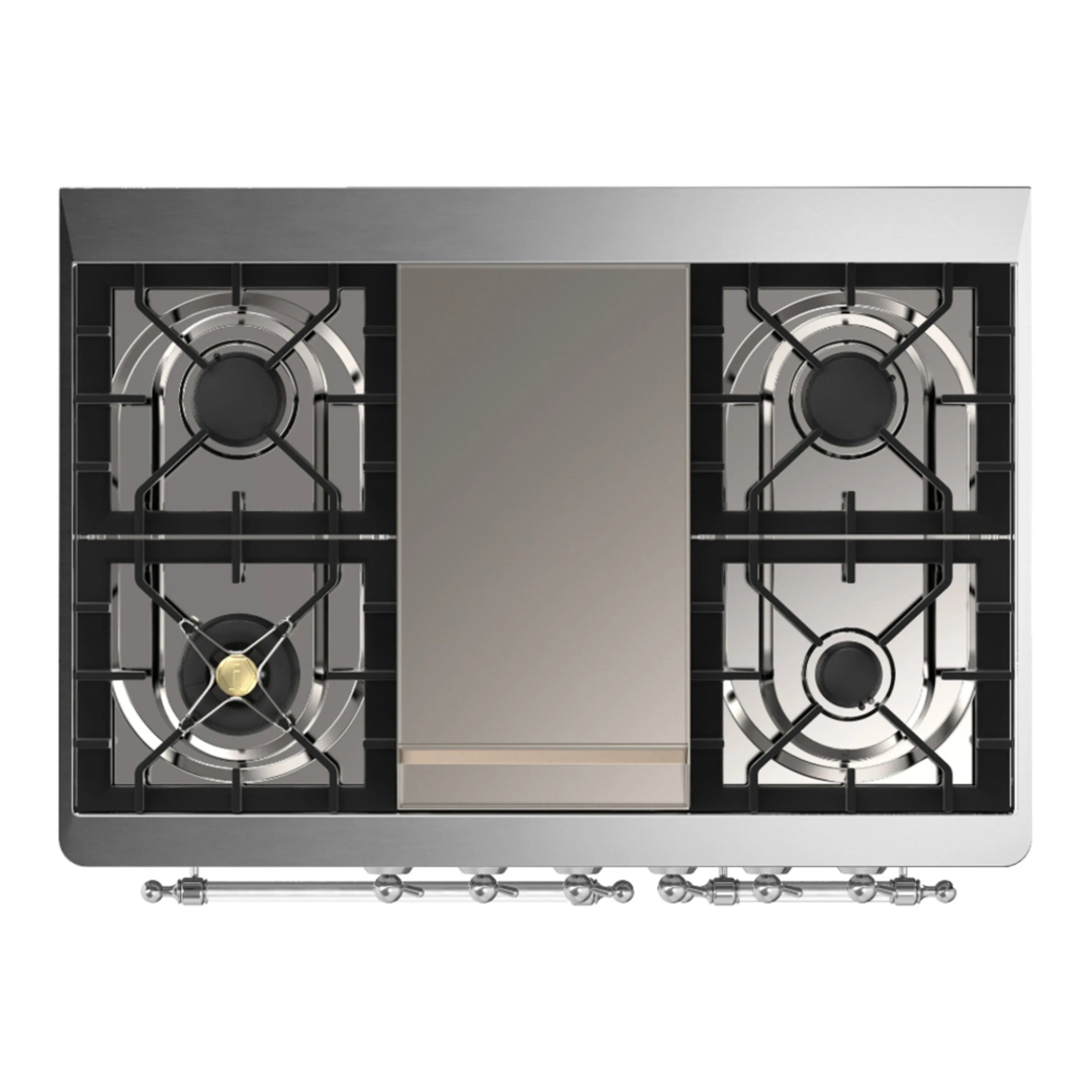 Top view of graphite dual fuel range: four burner grates and two front control knobs