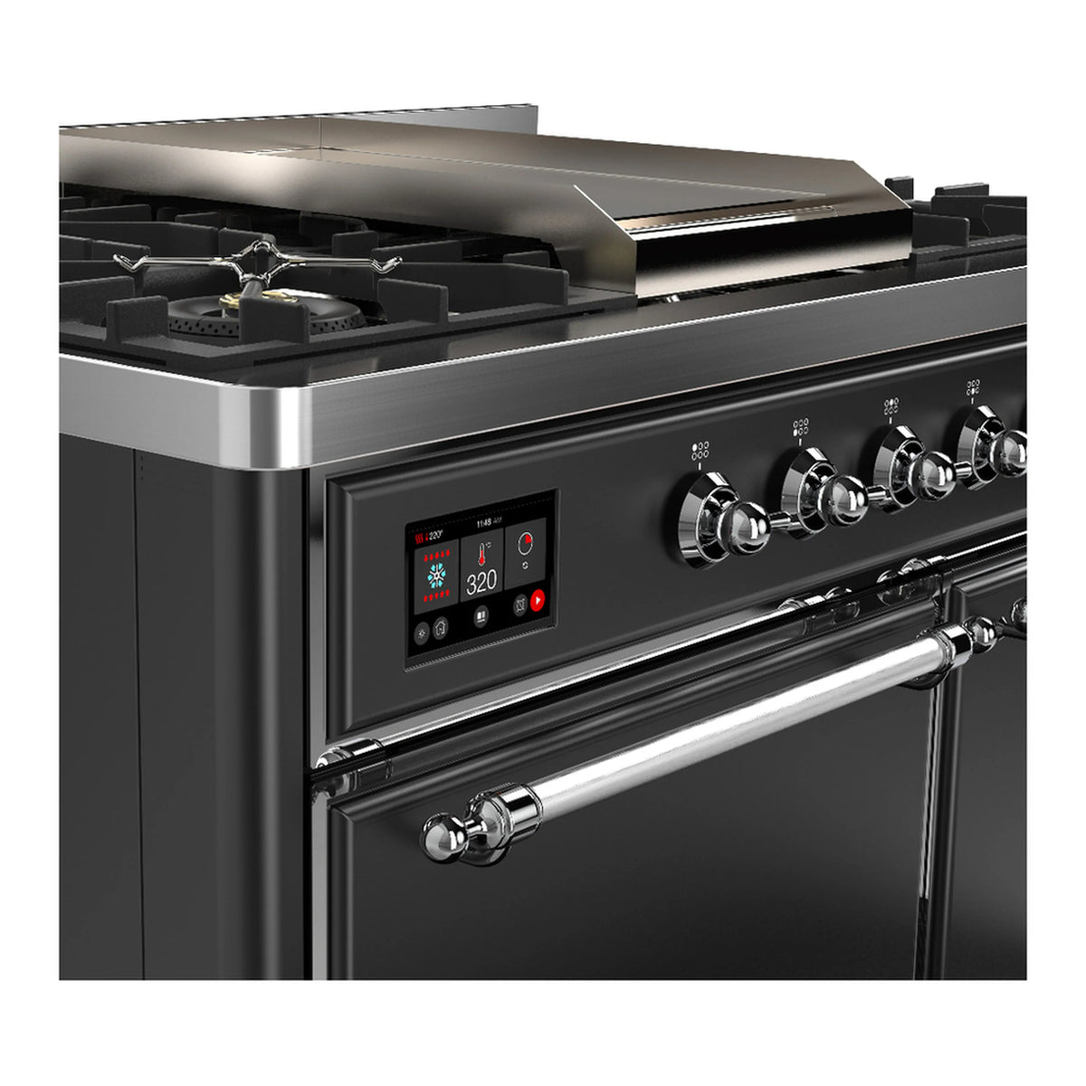 Graphite dual fuel range control panel with illuminated display and chrome control knobs
