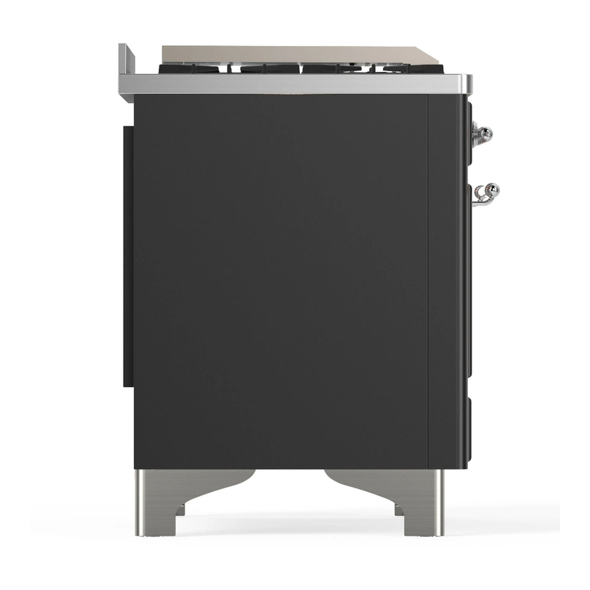 Graphite matte side view of dual fuel range with chrome trim and access door