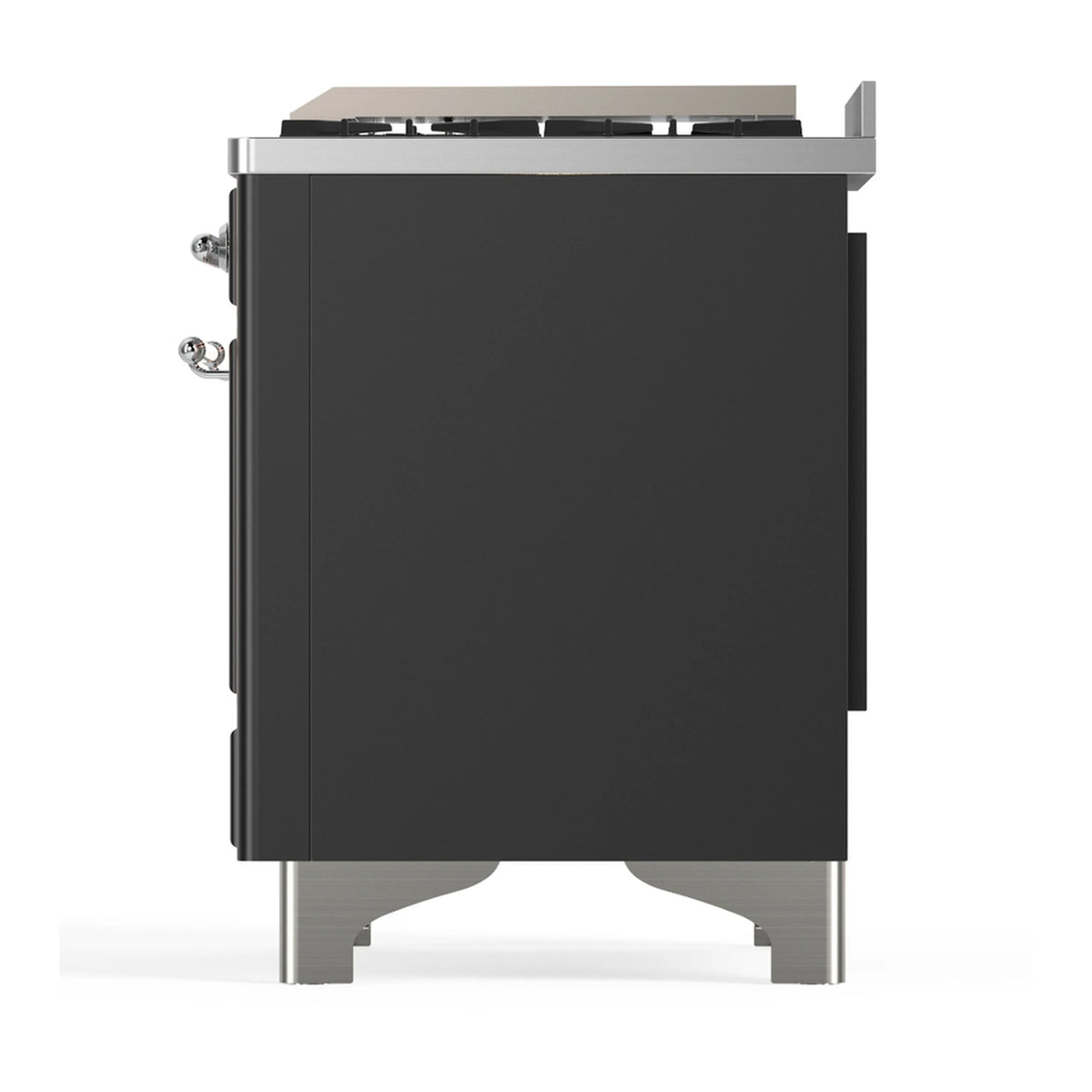 Graphite matte rear side of dual fuel range with chrome trim and leveling legs
