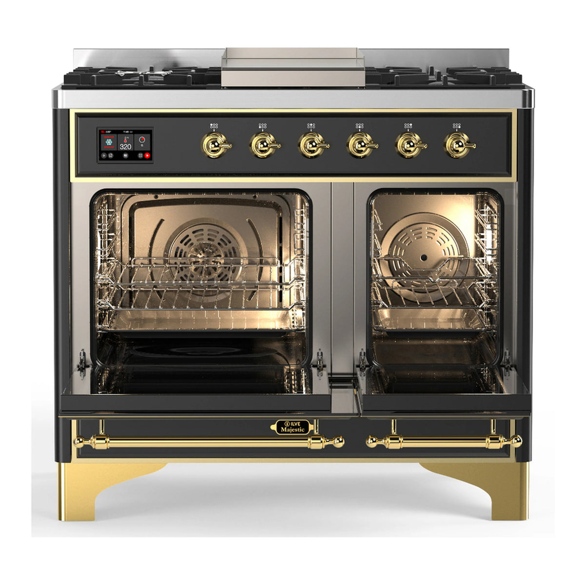Dual fuel range with open oven doors, brass trim, and six gas burners