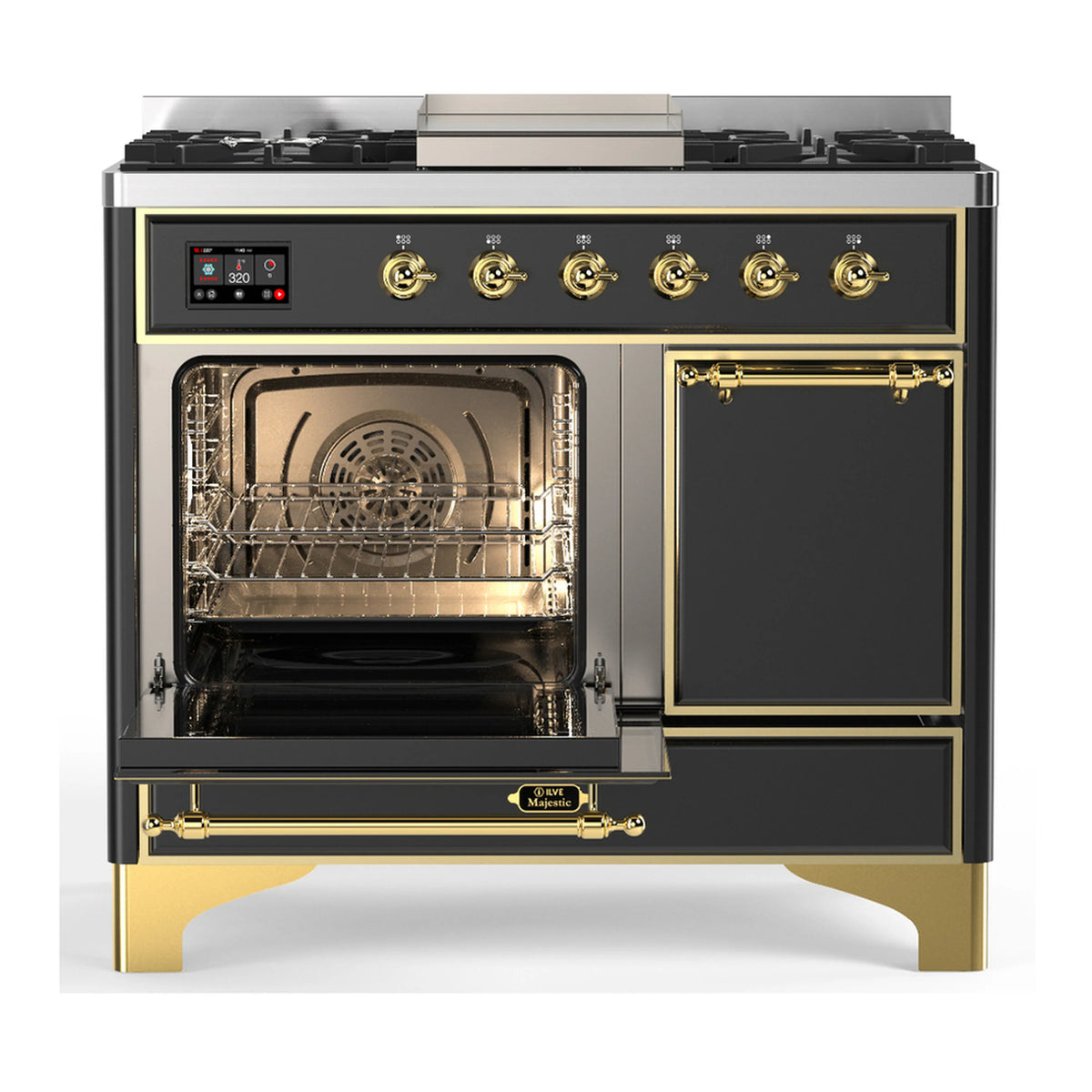 Dual fuel range with one oven door open, brass trim, and six gas burners