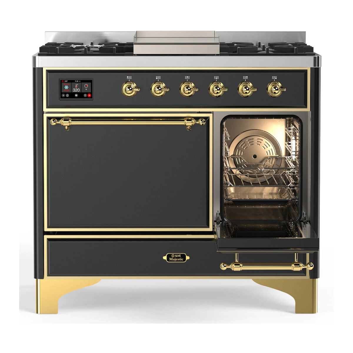 Dual fuel range with oven door open and brass trim, plus six gas burners