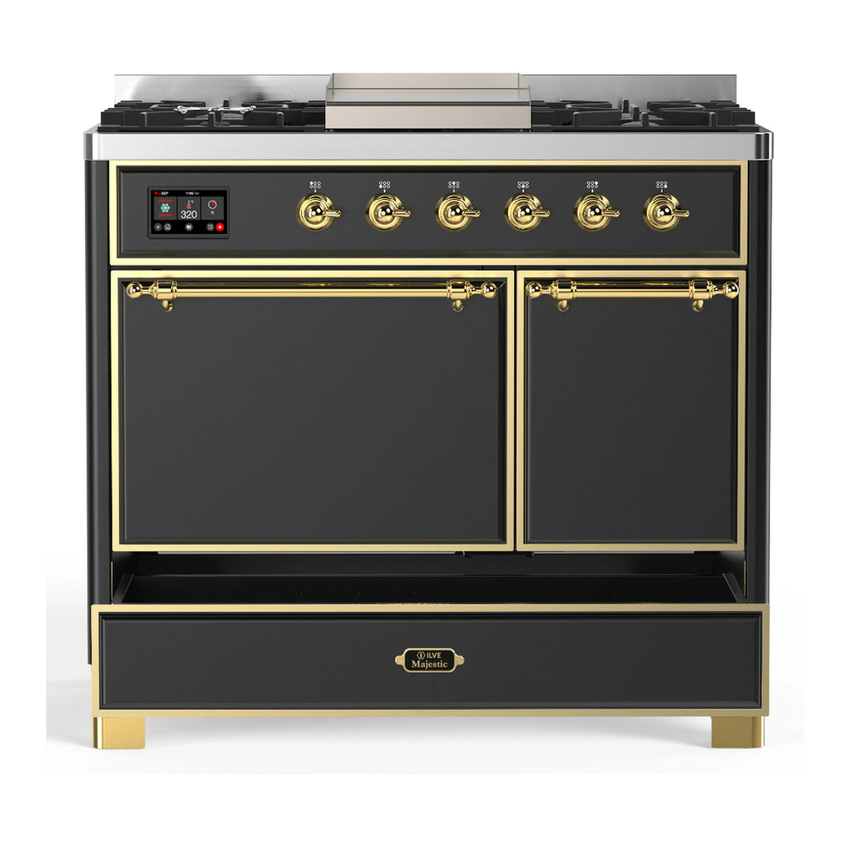 Dual fuel range with two closed oven doors, brass trim, and control panel