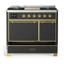 ILVE Majestic III 40-inch Dual Fuel Range with 5 Liquid Propane Burner, Griddle and Solid Door Electric Oven in Graphite Matte with Brass Trim (UMD40FQNR3MGGLP)
