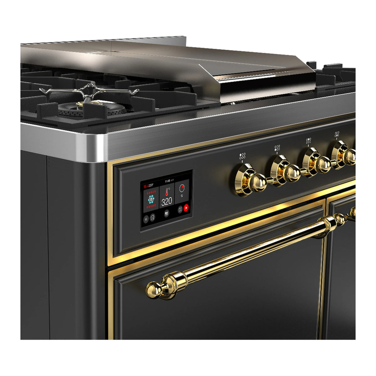Dual fuel range control panel with brass knobs, digital display, and brass handle
