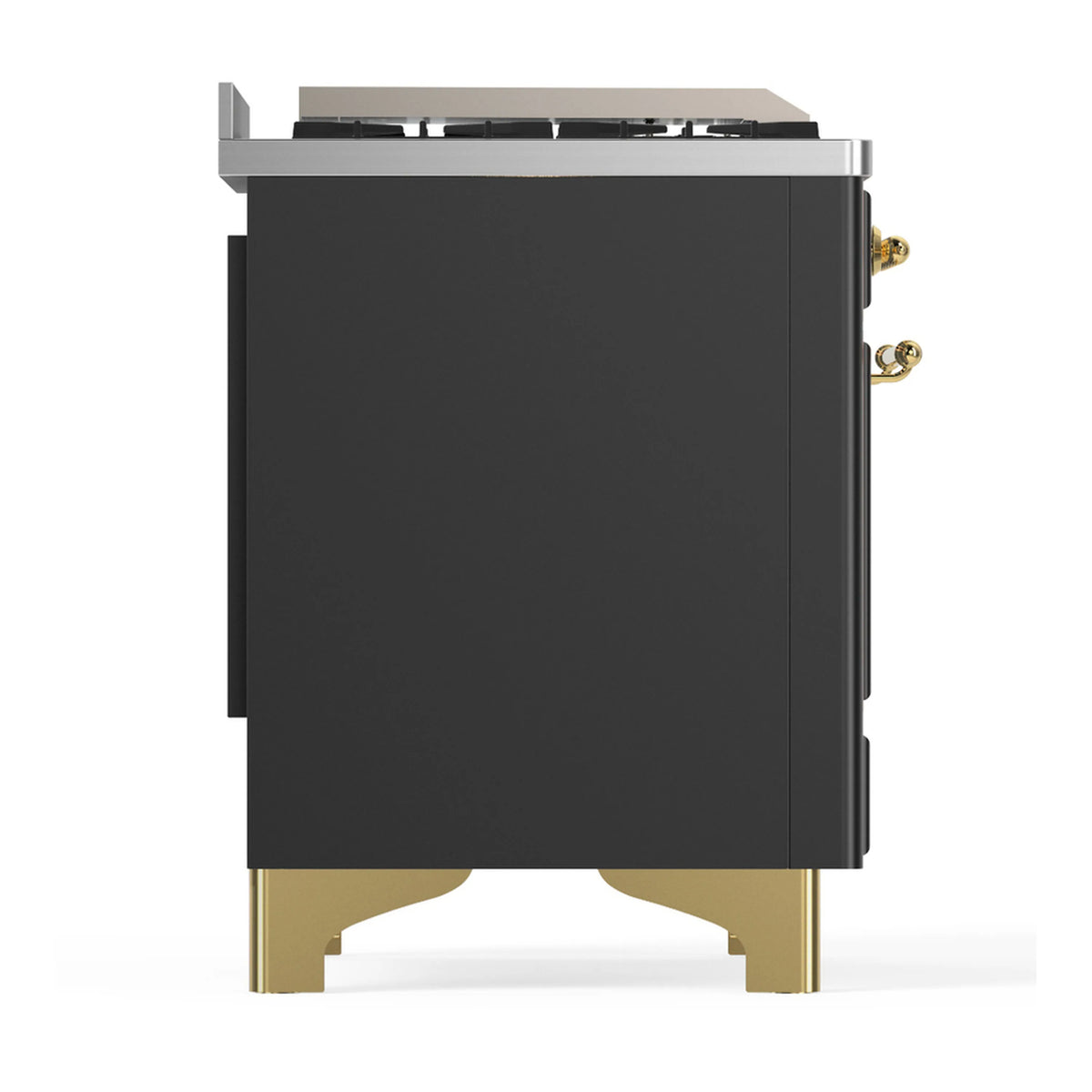 Graphite matte dual fuel range rear-side view with brass base legs and edges