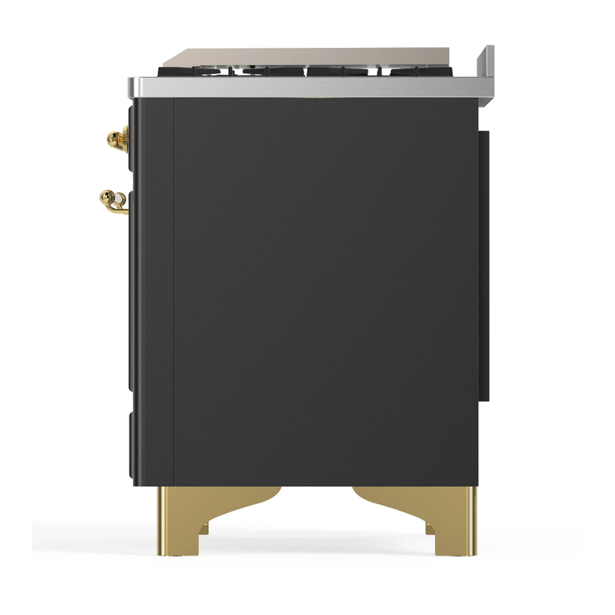 Graphite matte dual fuel range side panel with brass base legs and edge trim