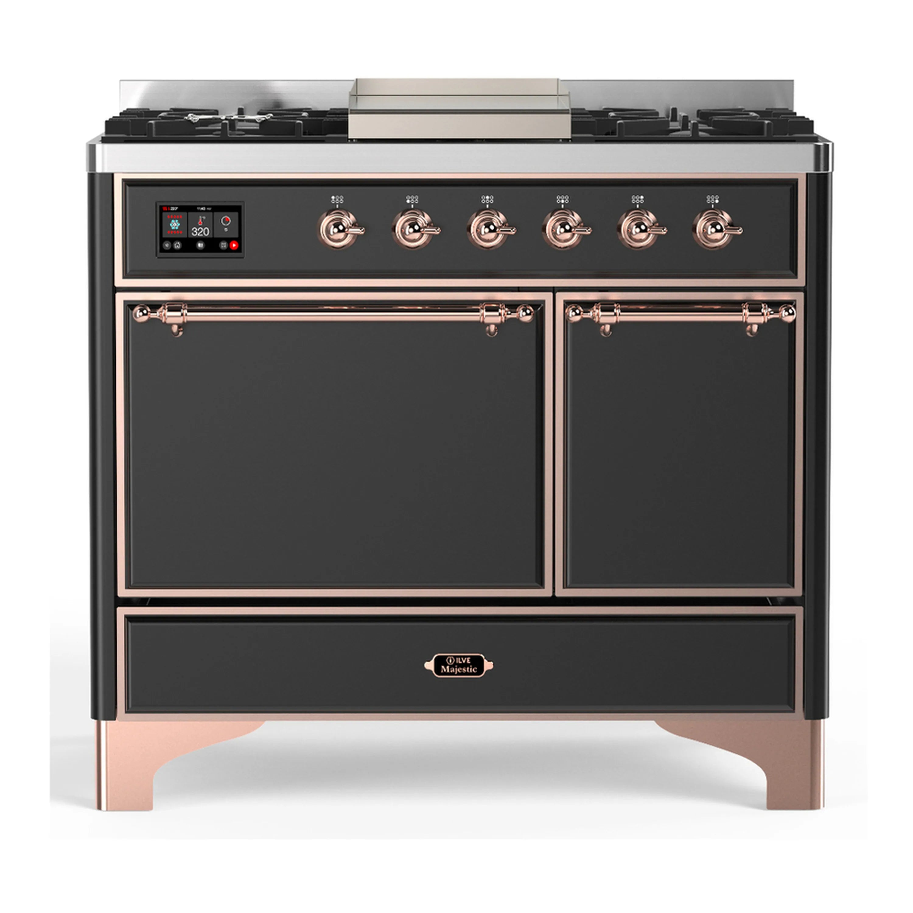 Graphite matte dual fuel range with 6 gas burners, griddle, and two oven doors