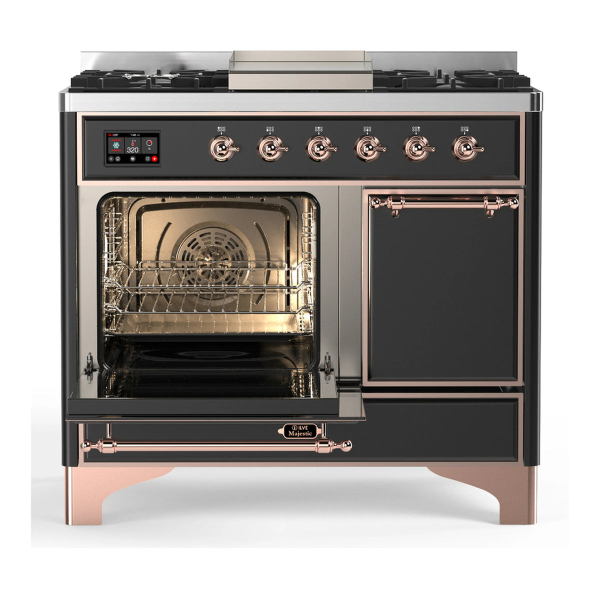 ILVE dual fuel range with left oven open and right oven door closed; copper trim handles.