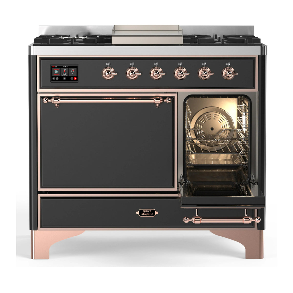 ILVE dual fuel range in graphite matte with copper trim; left oven door open with racks.