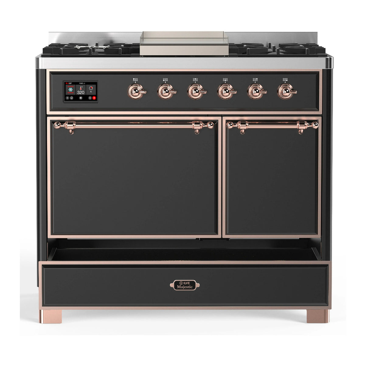 Graphite matte dual fuel range with control panel, knobs, and two closed oven doors