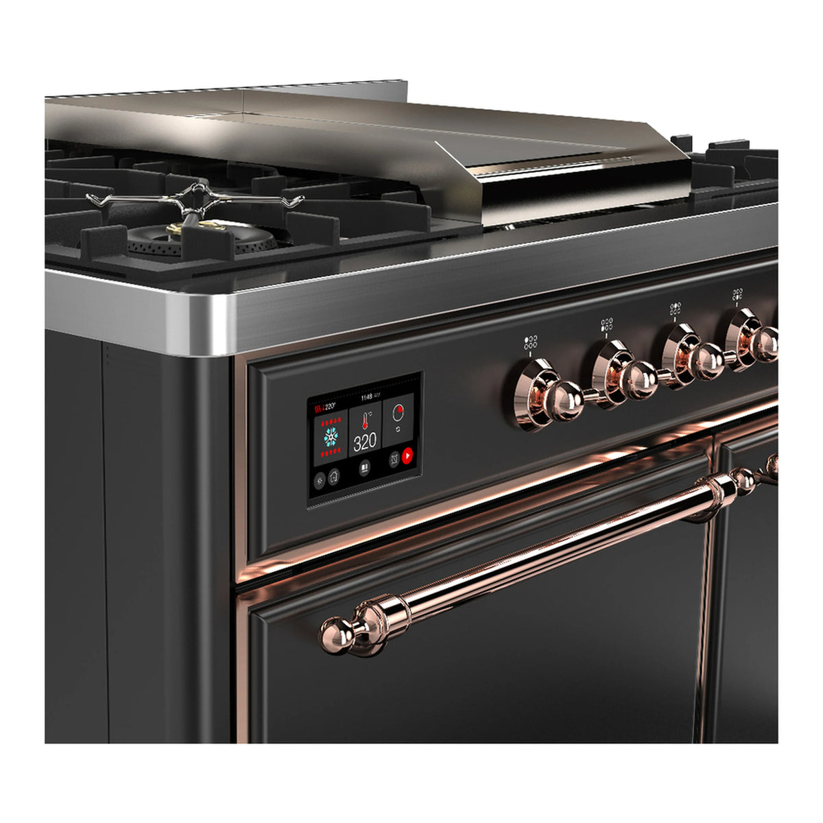 ILVE dual fuel range control panel with knobs and display; copper-finish oven handle.