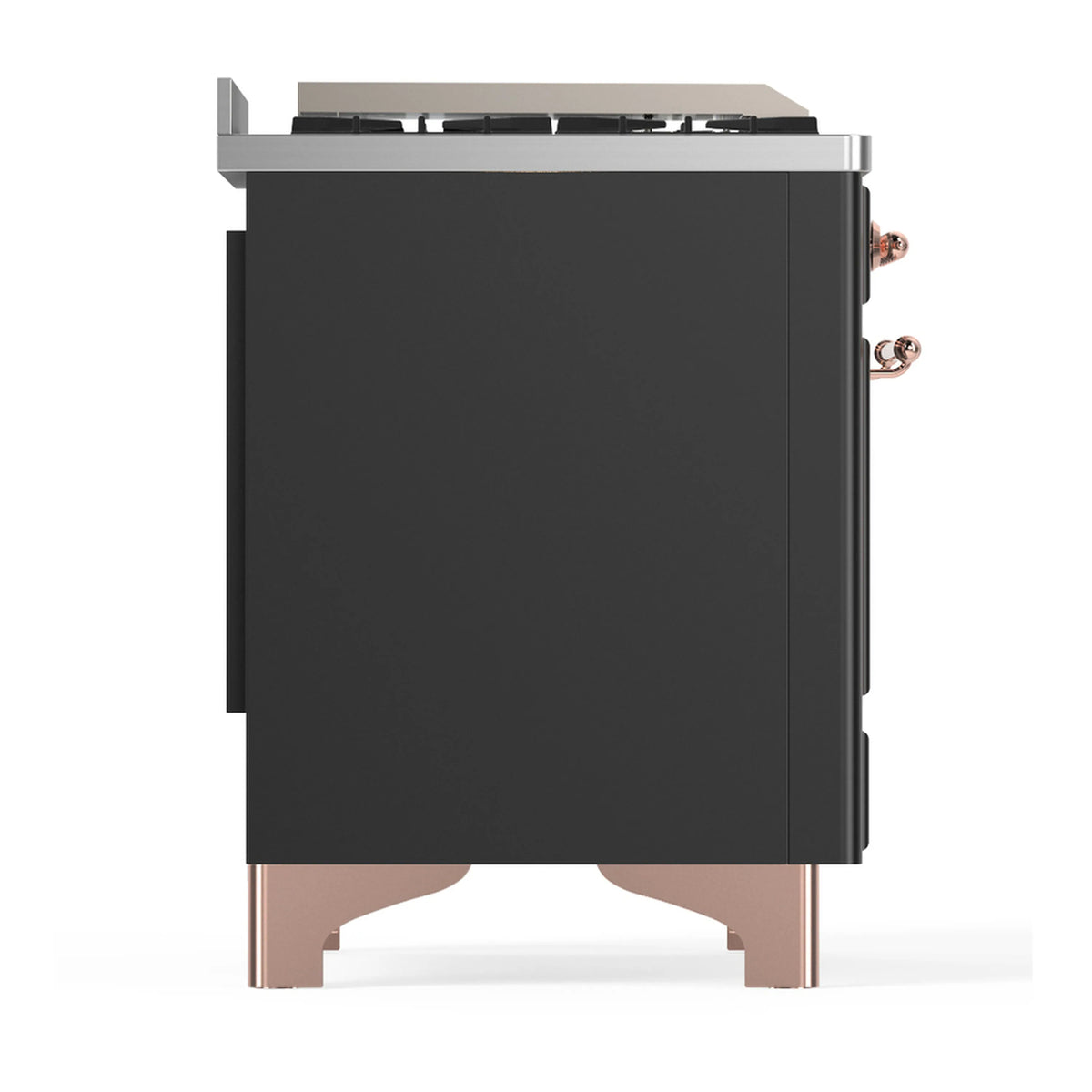 Graphite matte side panel of dual fuel range with copper-trim handle accents