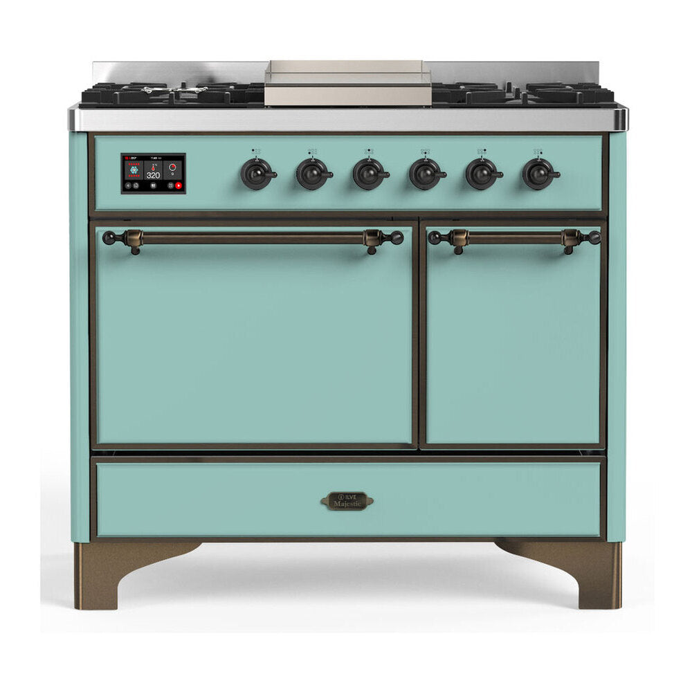 ILVE Majestic III 40-inch Dual Fuel Range with 5 Liquid Propane Burner, Griddle and Solid Door Electric Oven in Mediterranean Mint with Burnished Trim (UMD40FQNR3MMBLP)