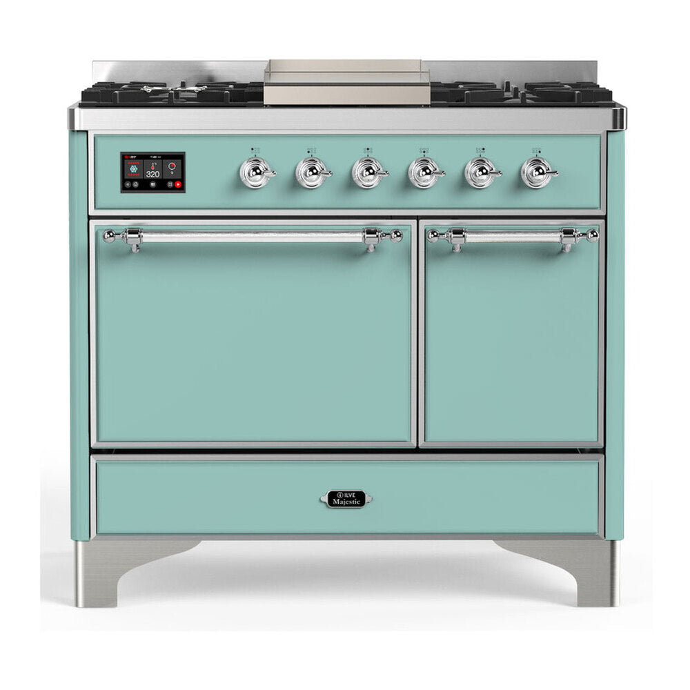 ILVE Majestic III 40-inch Dual Fuel Range with 5 Liquid Propane Burner, Griddle and Solid Door Electric Oven in Mediterranean Mint with Chrome Trim (UMD40FQNR3MMCLP)