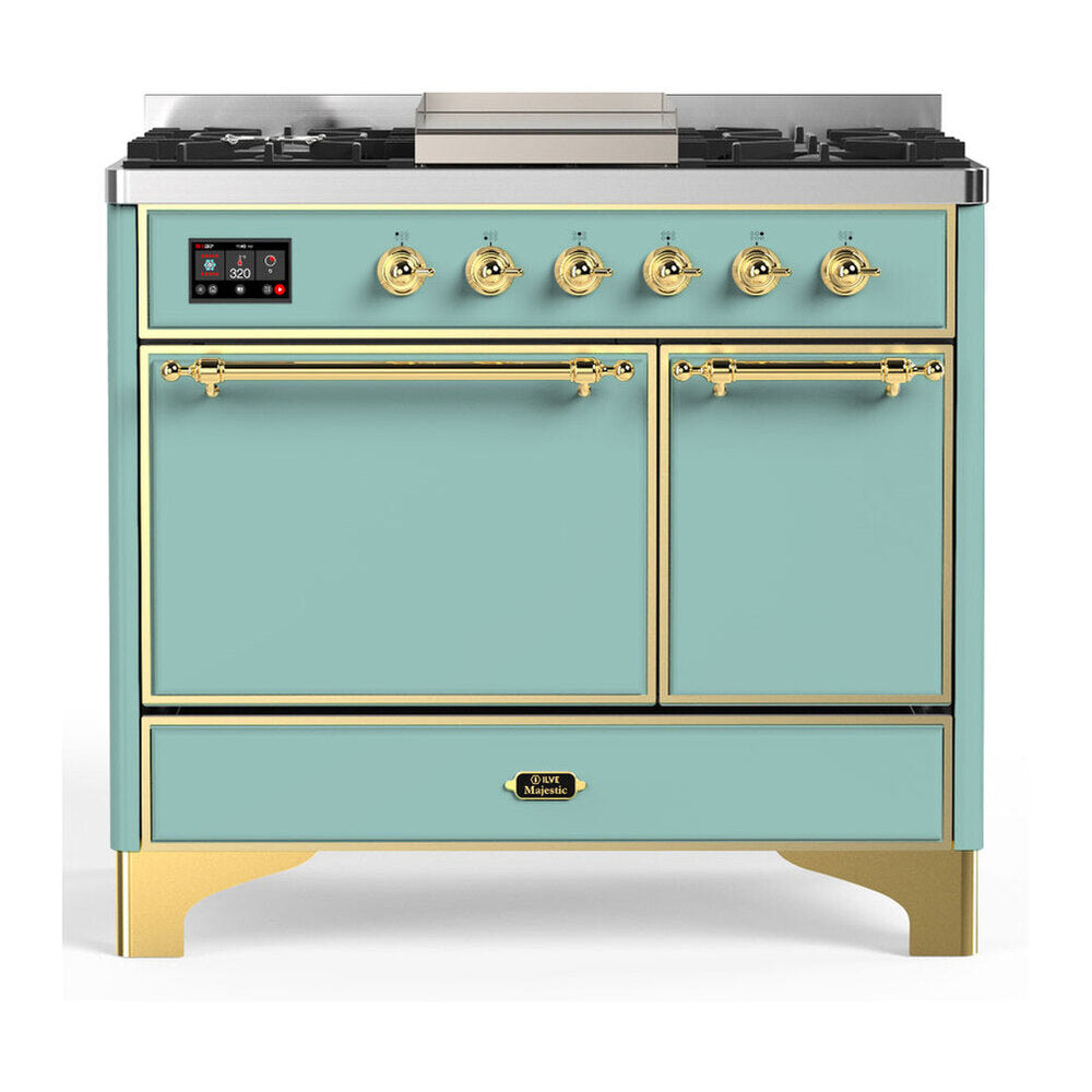 ILVE Majestic III 40-inch Dual Fuel Range with 6 Natural Gas Burner, Griddle and Solid Door Electric Oven in Mediterranean Mint with Brass Trim (UMD40FQNR3MMG)