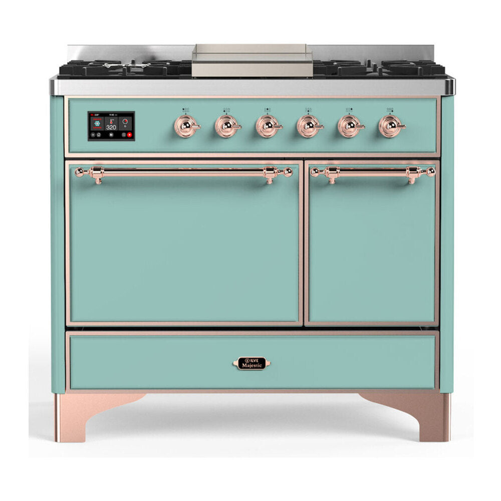 ILVE Majestic III 40-inch Dual Fuel Range with 6 Natural Gas Burner, Griddle and Solid Door Electric Oven in Mediterranean Mint with Copper Trim (UMD40FQNR3MMP)
