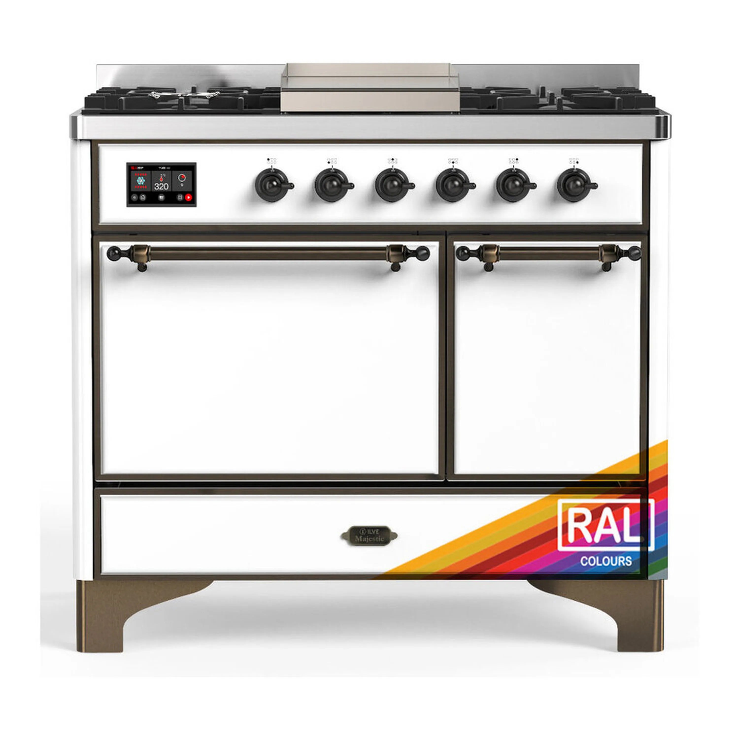 Dual fuel range with 6-burner cooktop, griddle, and solid door electric oven