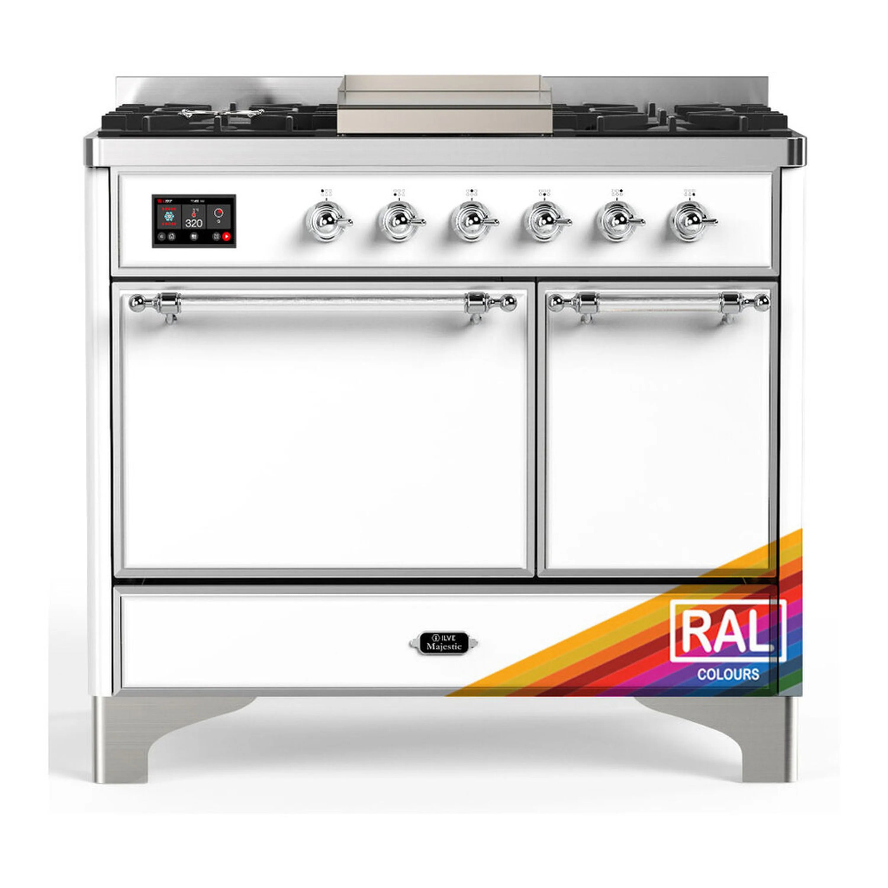 Dual fuel range with stainless front, six gas burners, and two oven doors