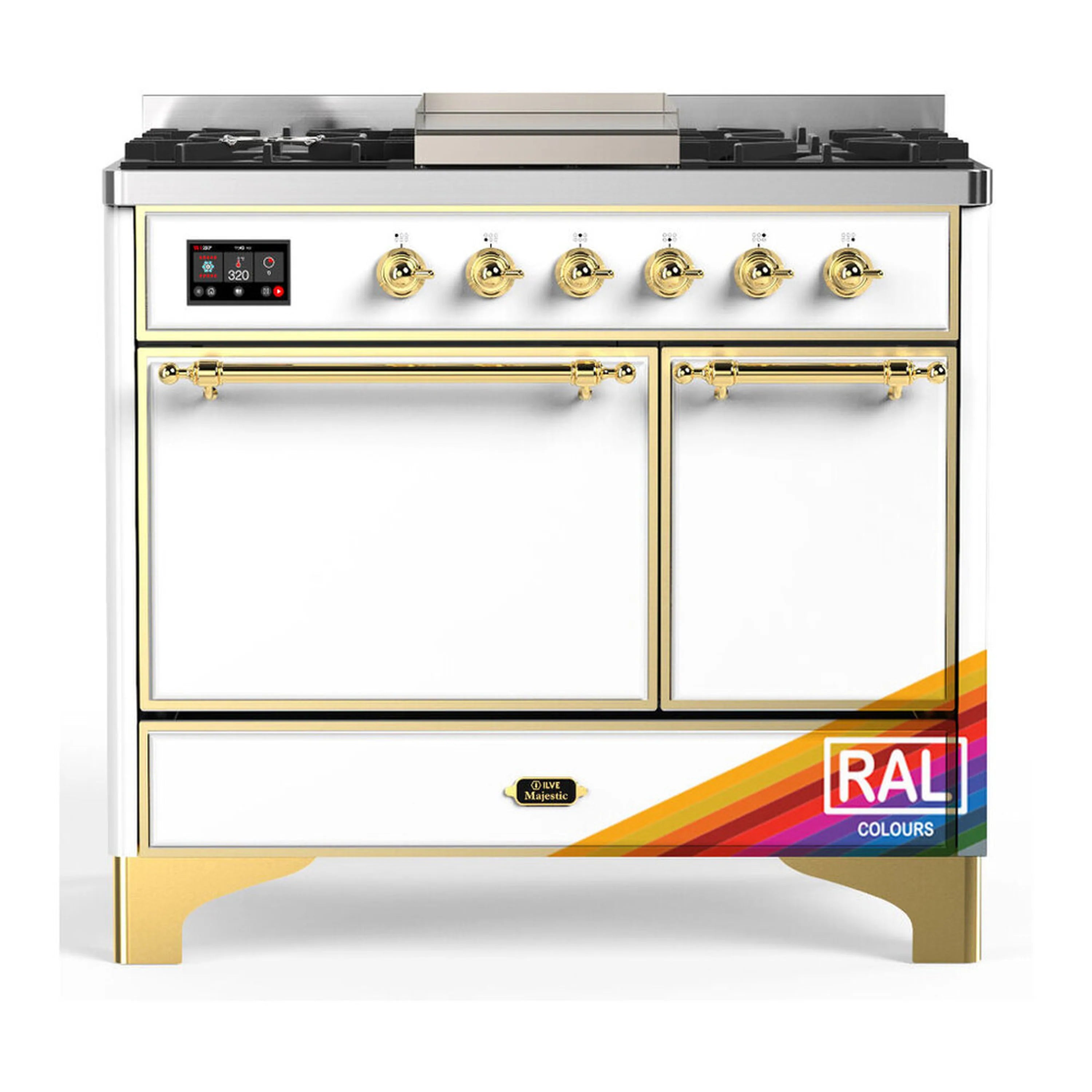 Dual fuel range with brass trim, solid doors, and six gas burners