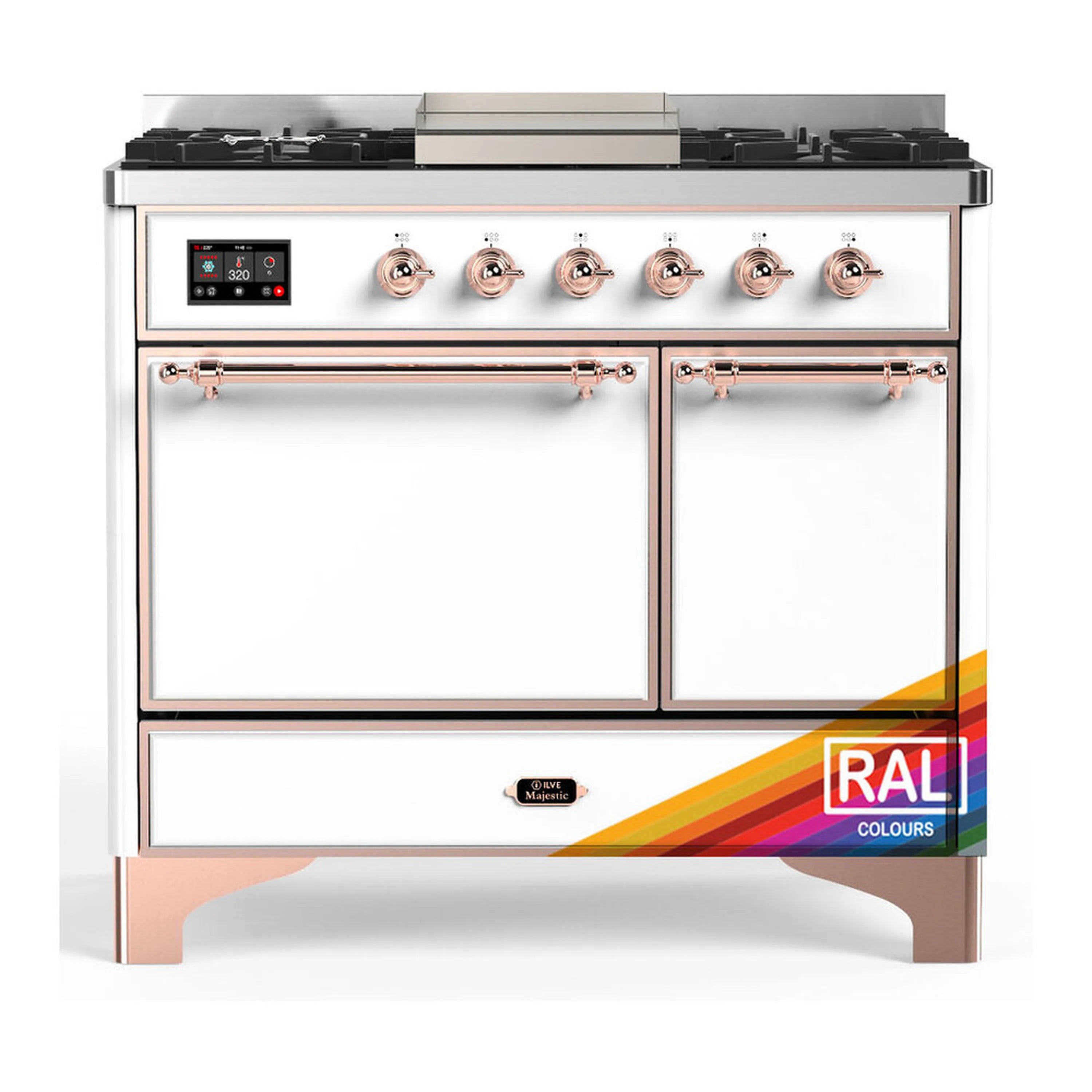 White dual fuel range with copper trim, control panel, burners, and two oven doors