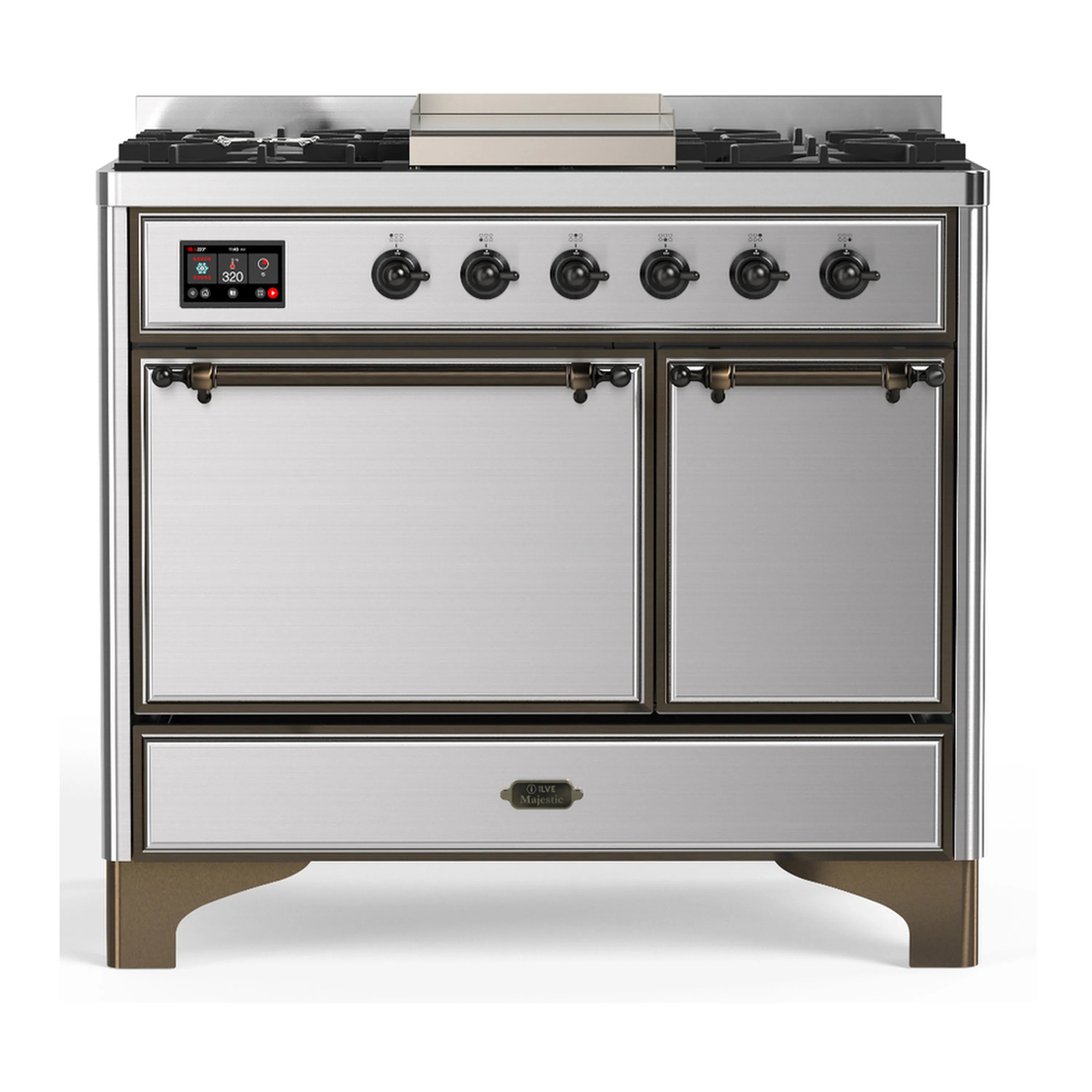Stainless steel dual fuel range with closed oven doors and bottom storage drawer