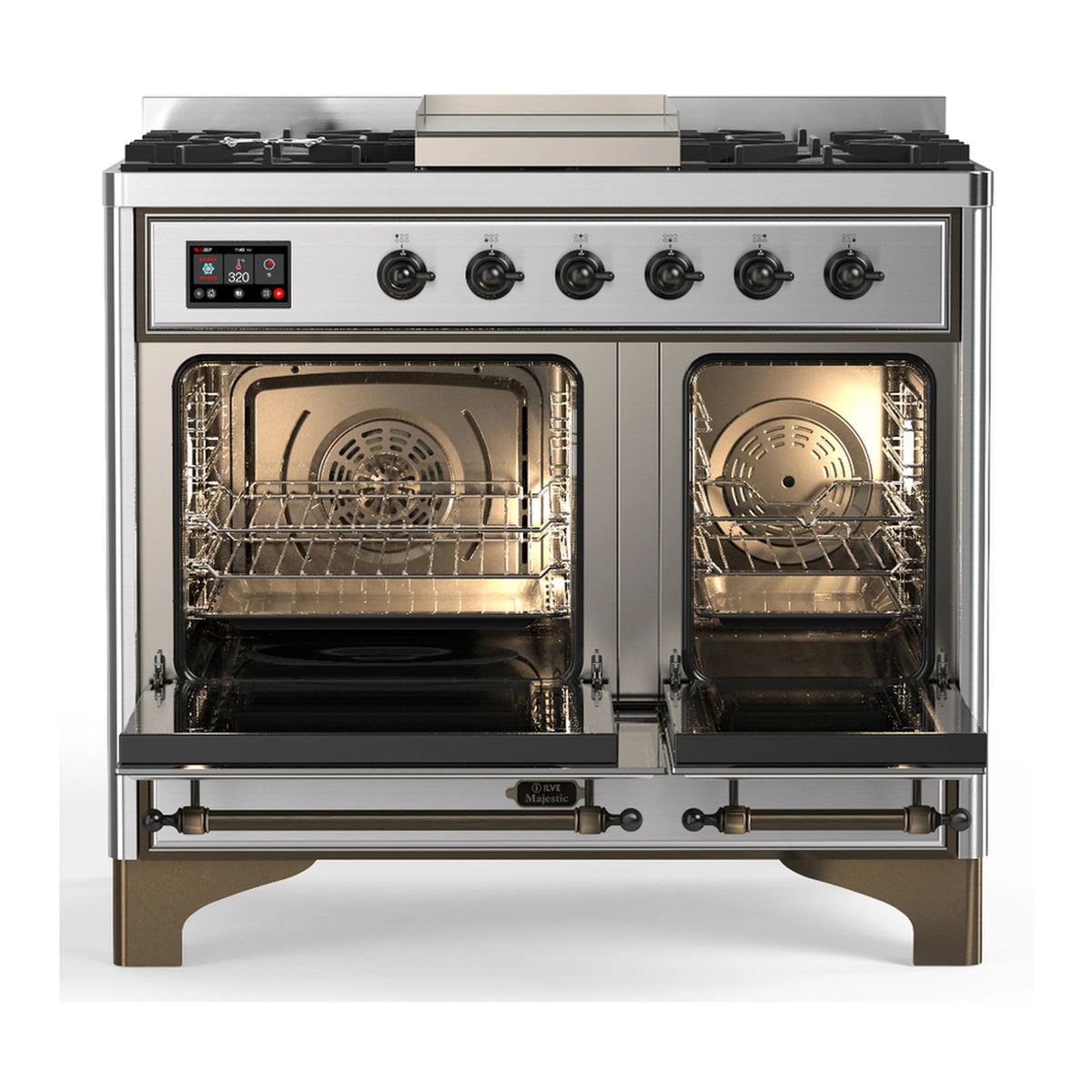 Stainless steel dual fuel range with open oven doors and front control panel