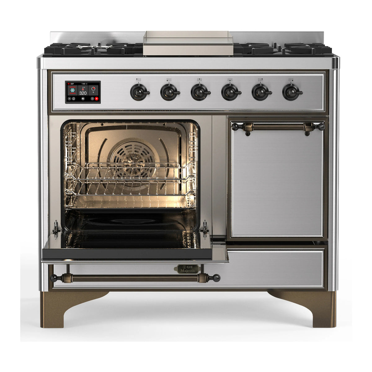 Stainless steel dual fuel range with open oven door and front controls
